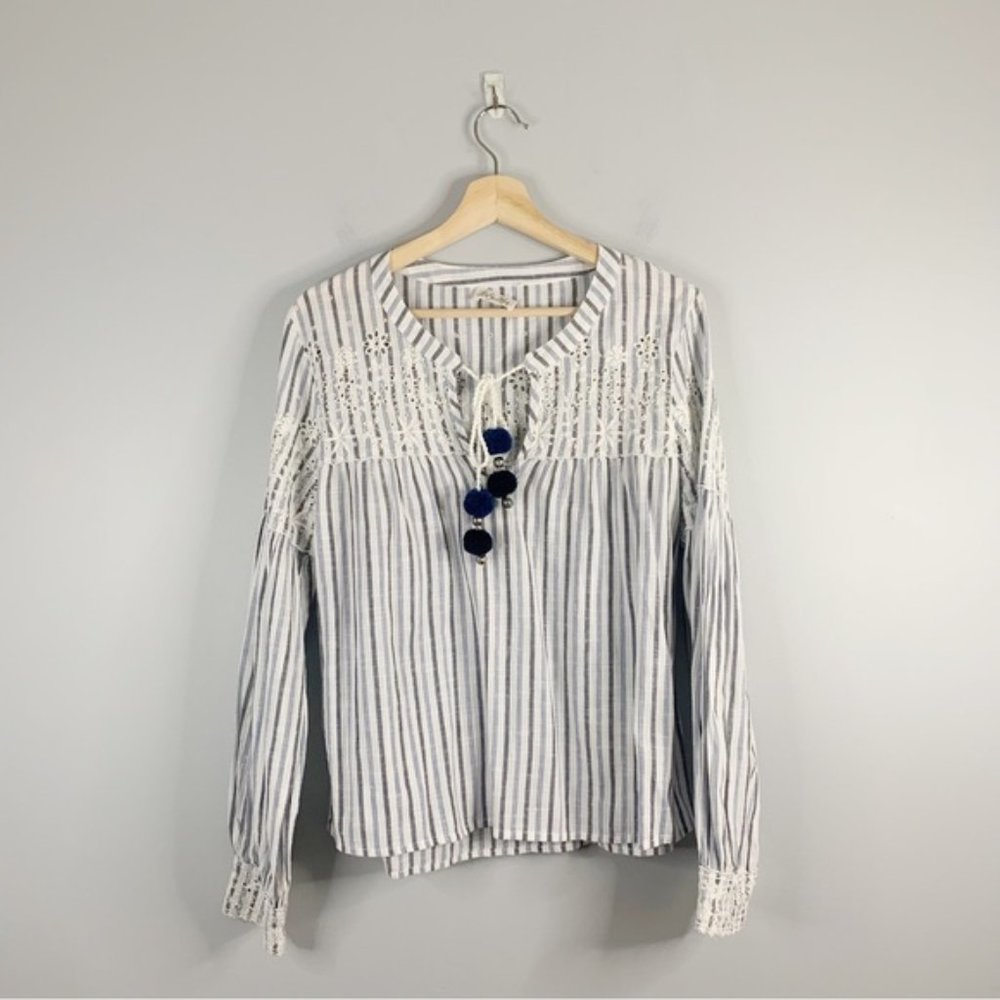Love Shack Fancy Isla Blouse Pom Pom Embroider Lace Boho Stripe Floral Medium M